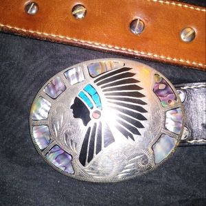Gen Leather Belt w/ Silver Navajo Indian Chief Belt Buckle Inlaid w/ Gemstones